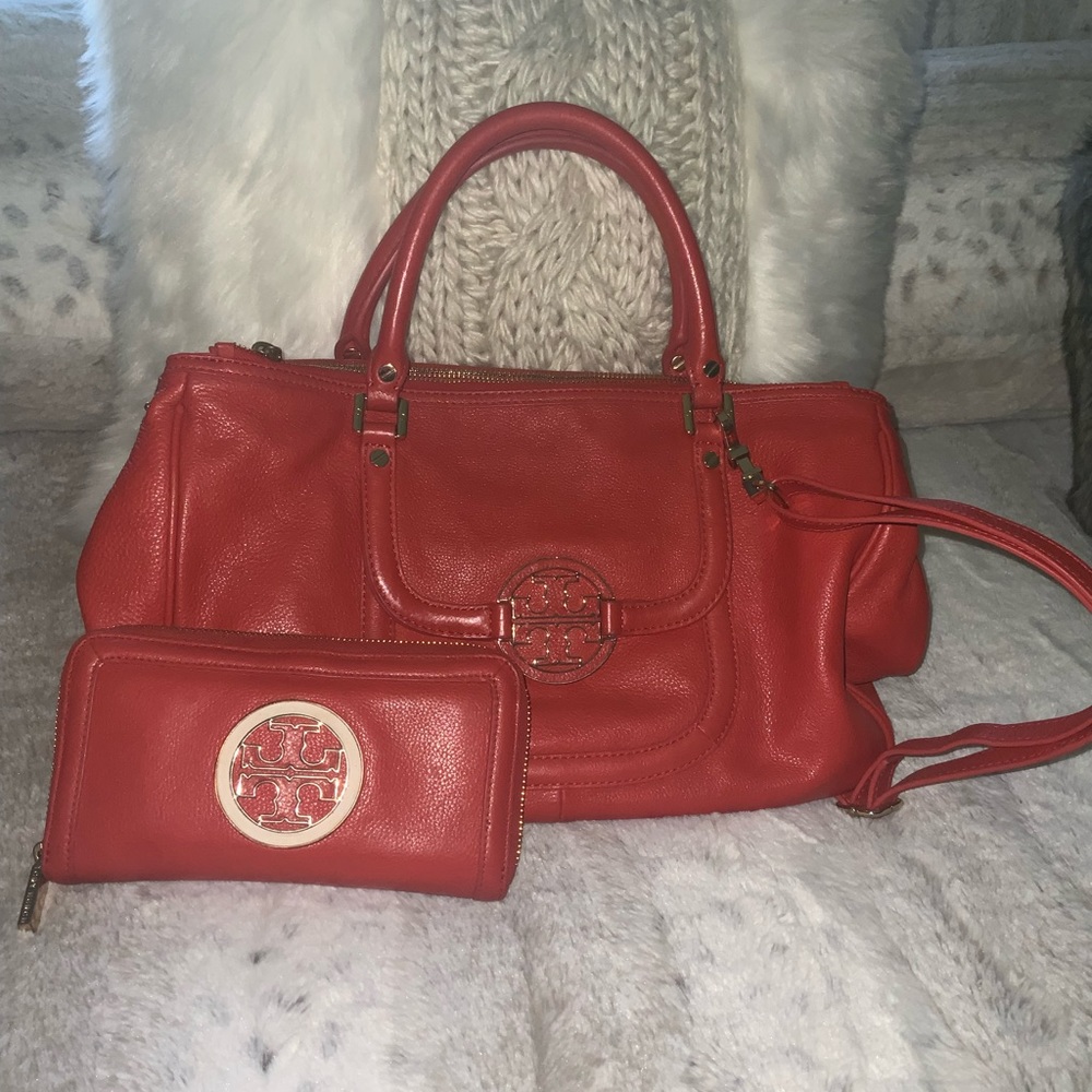 Tory Burch Amanda Double Zip Tote Flame Red Satchel & Wallet Bag Handbag